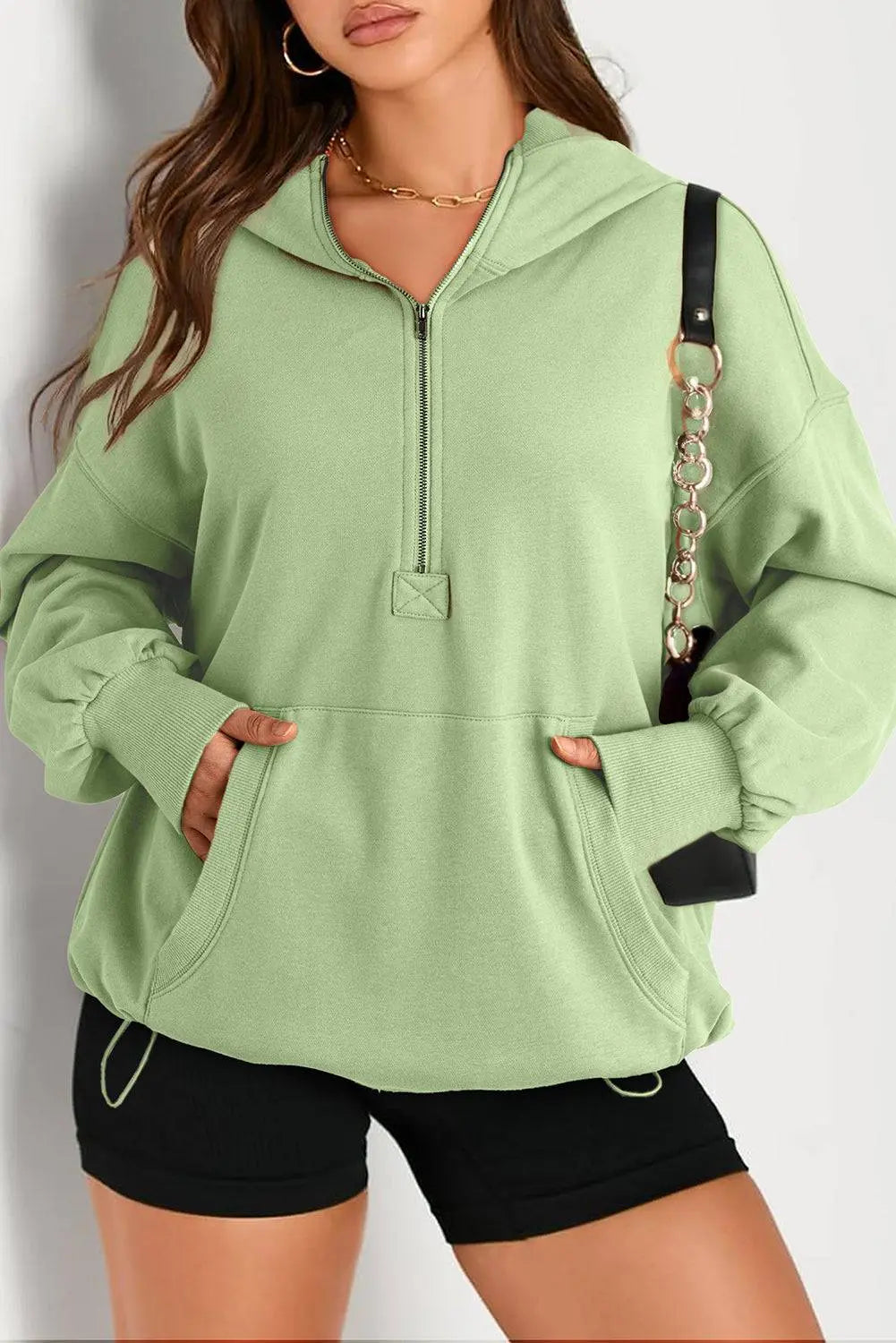 Light Grey Solid Kangaroo Pocket Half Zipper Oversized Hoodie Beagle Boutique Fashion Outlet