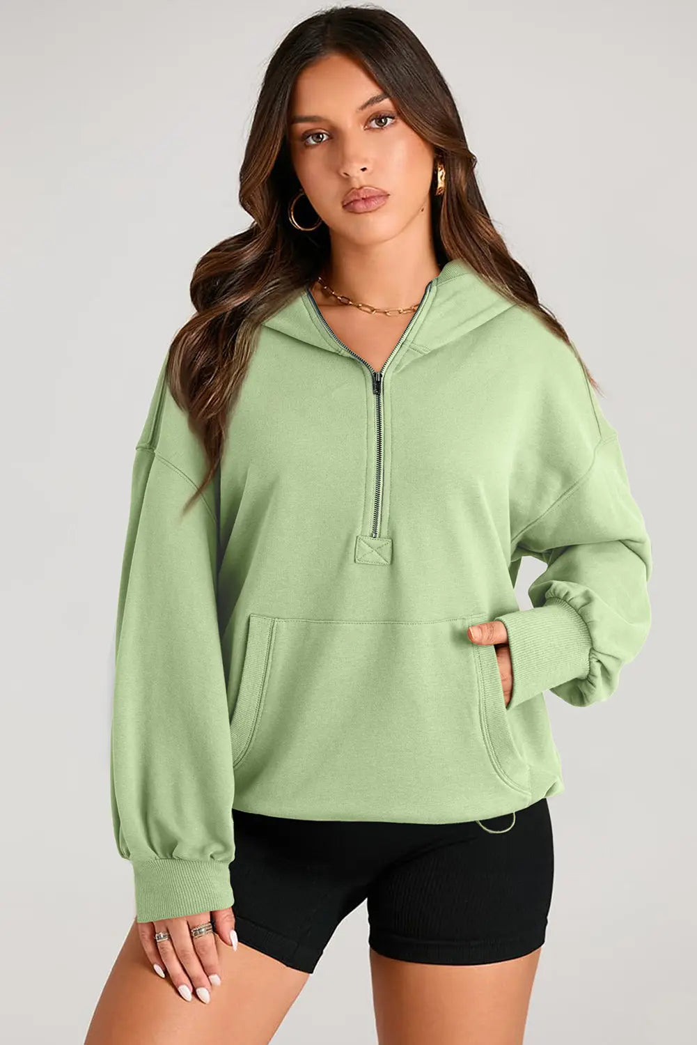 Light Grey Solid Kangaroo Pocket Half Zipper Oversized Hoodie Beagle Boutique Fashion Outlet