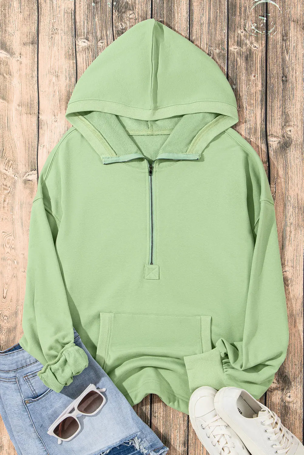 Light Grey Solid Kangaroo Pocket Half Zipper Oversized Hoodie Beagle Boutique Fashion Outlet