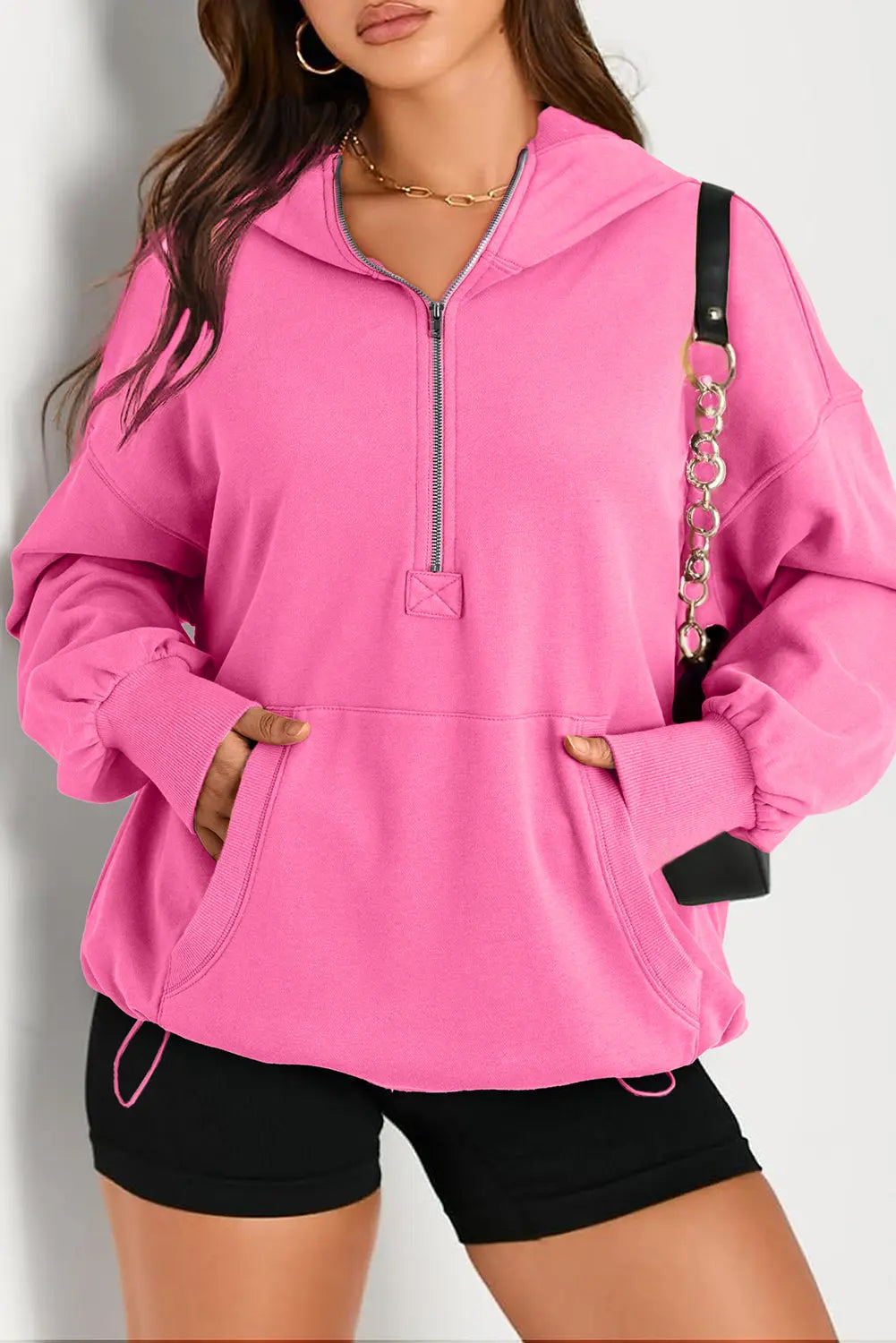 Light Grey Solid Kangaroo Pocket Half Zipper Oversized Hoodie Beagle Boutique Fashion Outlet