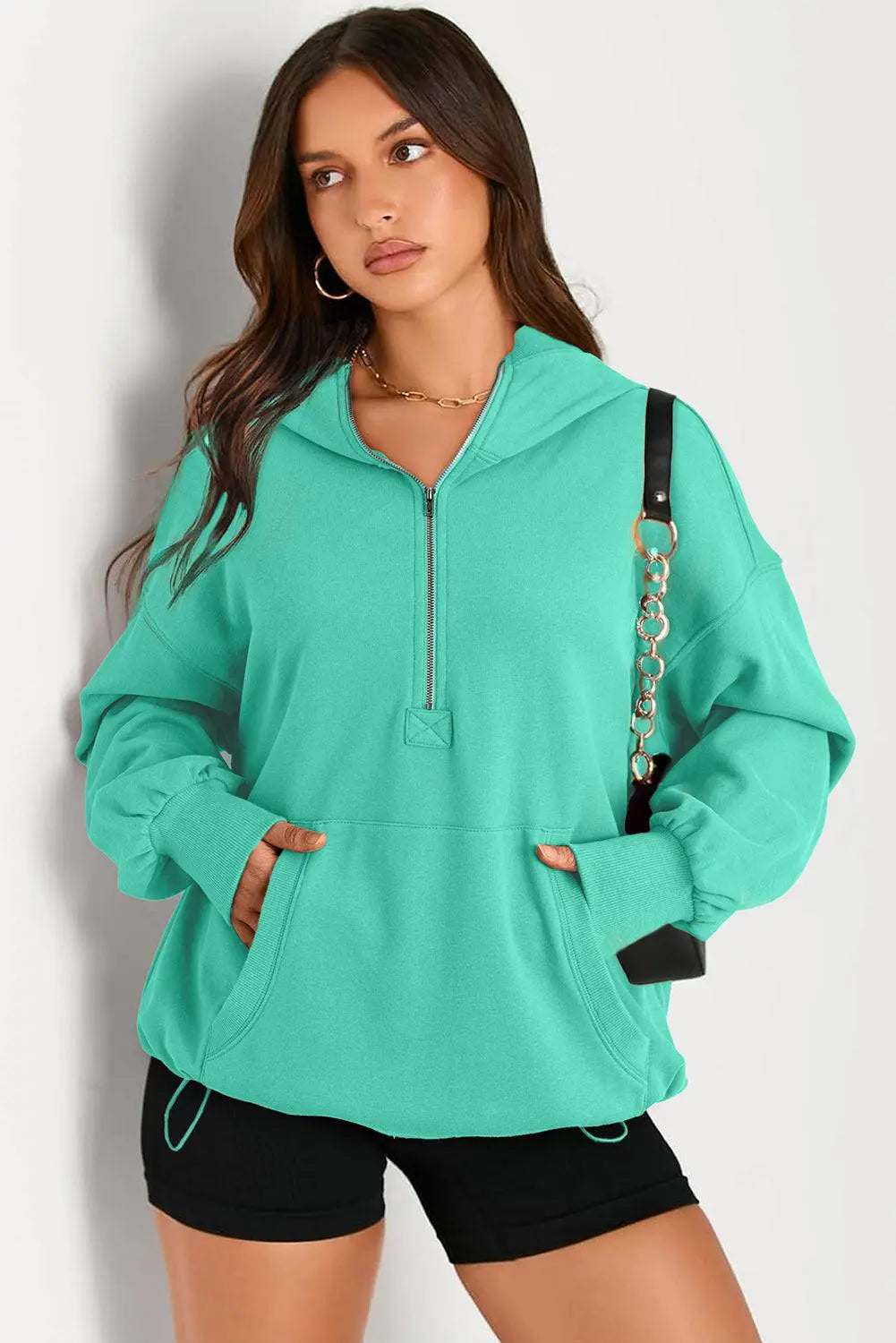 Light Grey Solid Kangaroo Pocket Half Zipper Oversized Hoodie Beagle Boutique Fashion Outlet