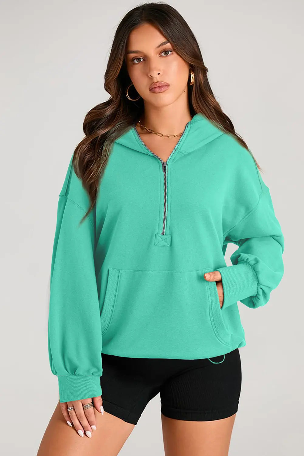 Light Grey Solid Kangaroo Pocket Half Zipper Oversized Hoodie Beagle Boutique Fashion Outlet