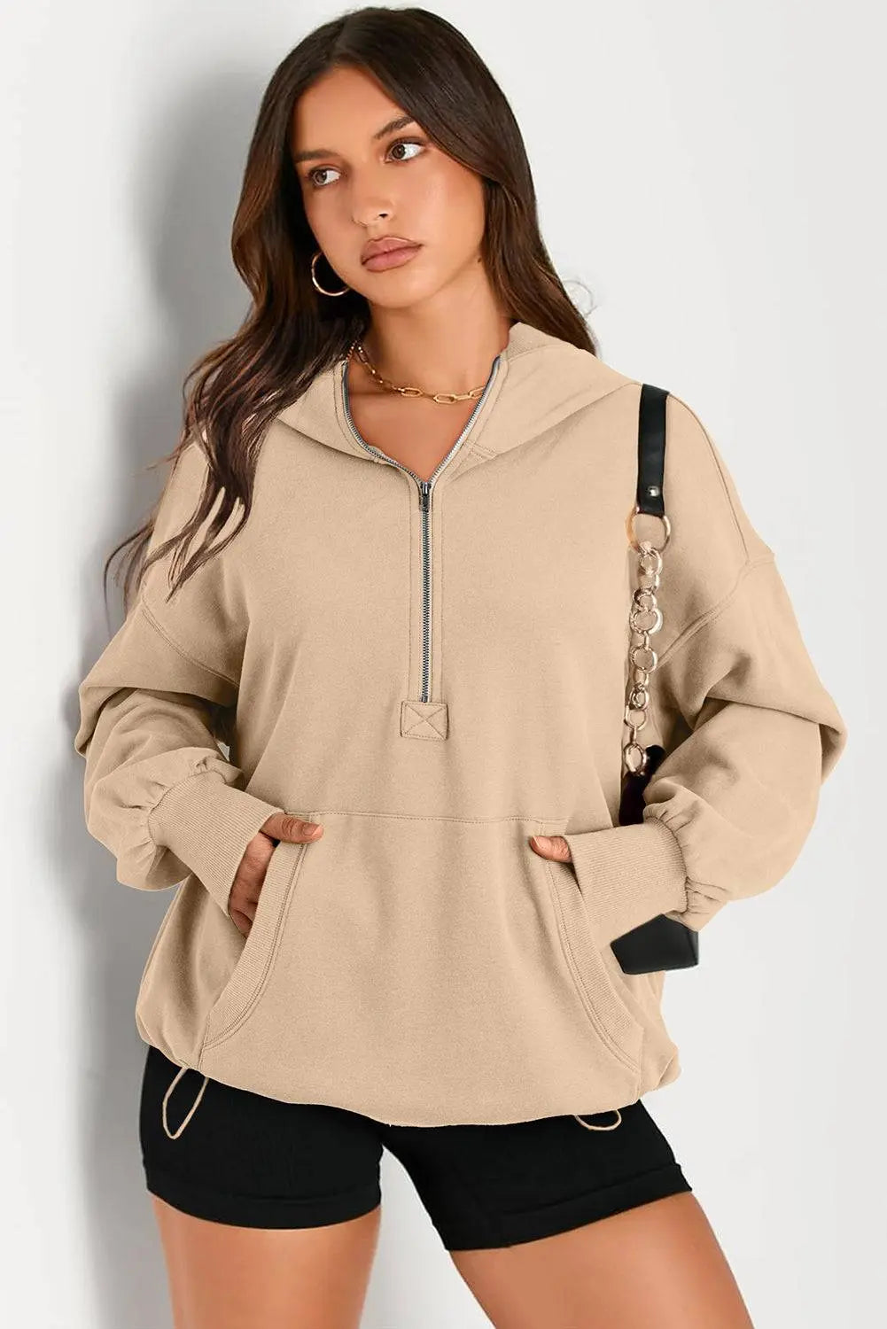 Light Grey Solid Kangaroo Pocket Half Zipper Oversized Hoodie Beagle Boutique Fashion Outlet