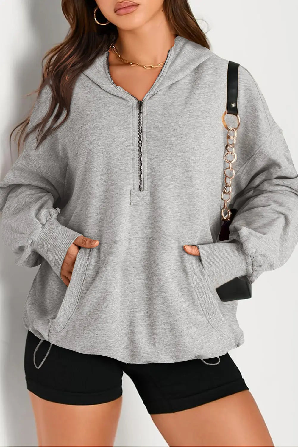 Light Grey Solid Kangaroo Pocket Half Zipper Oversized Hoodie Beagle Boutique Fashion Outlet