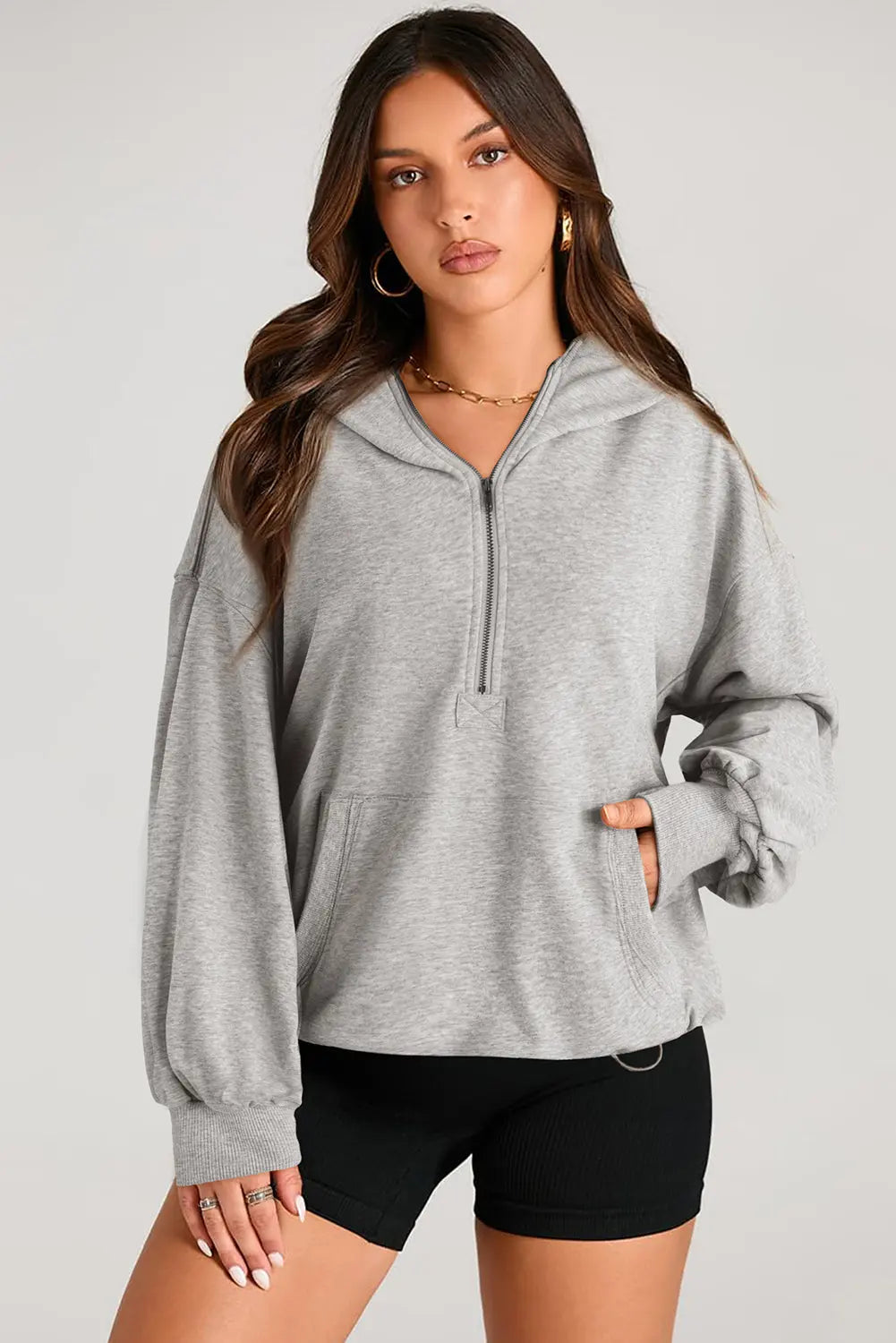 Light Grey Solid Kangaroo Pocket Half Zipper Oversized Hoodie Beagle Boutique Fashion Outlet