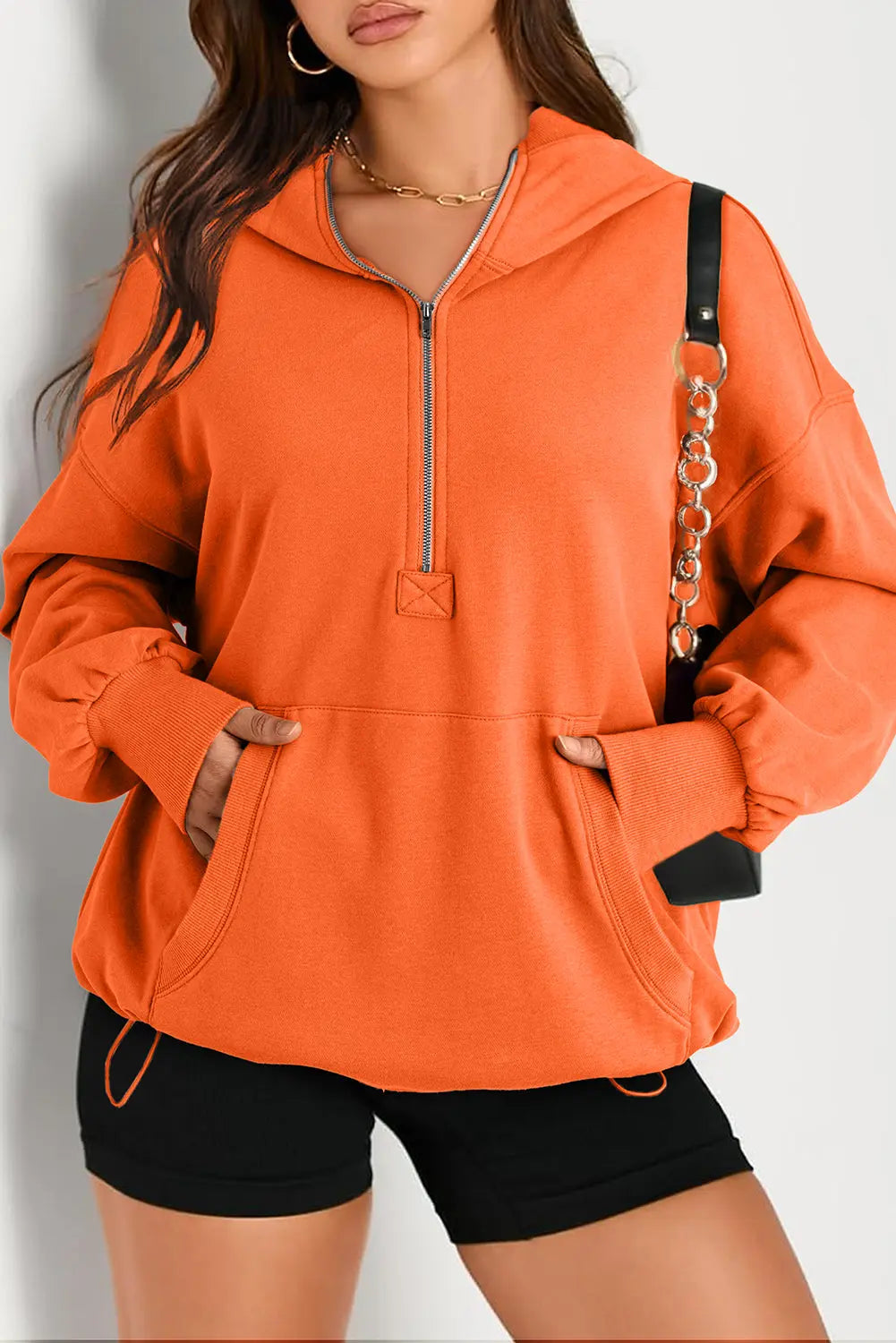 Light Grey Solid Kangaroo Pocket Half Zipper Oversized Hoodie Beagle Boutique Fashion Outlet