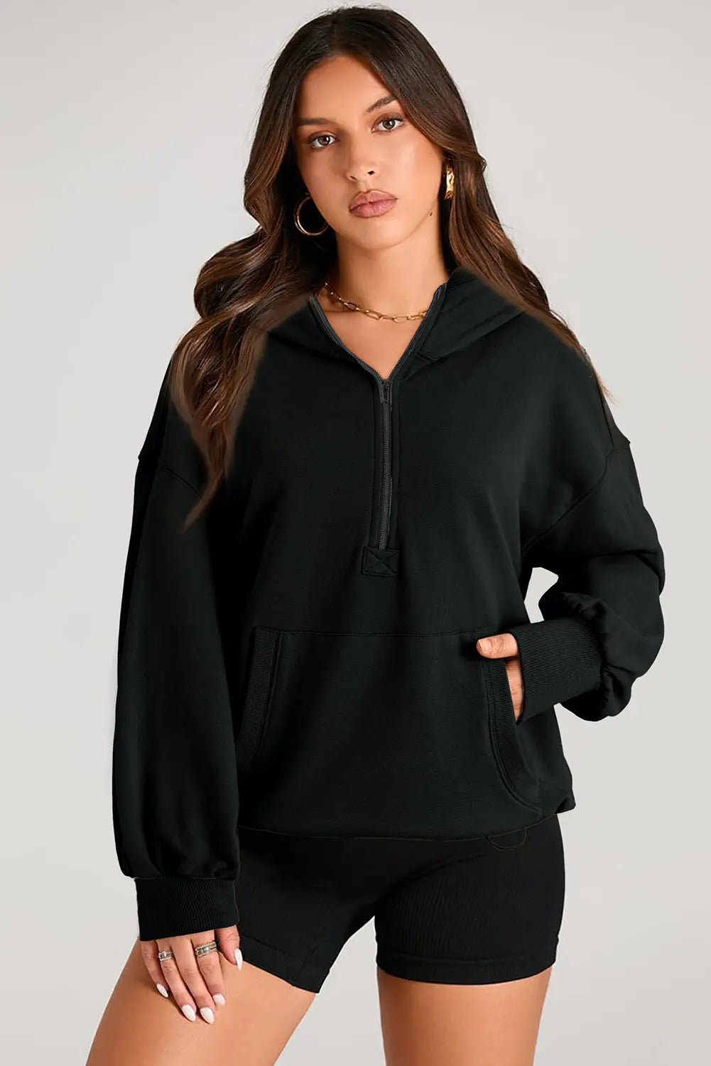 Light Grey Solid Kangaroo Pocket Half Zipper Oversized Hoodie Beagle Boutique Fashion Outlet