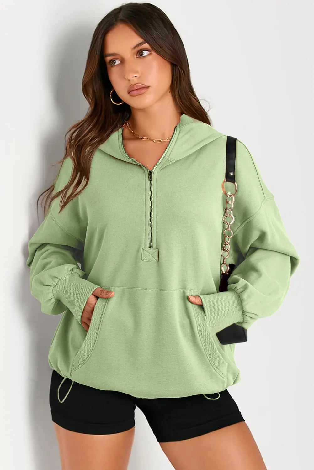 Light Grey Solid Kangaroo Pocket Half Zipper Oversized Hoodie Beagle Boutique Fashion Outlet