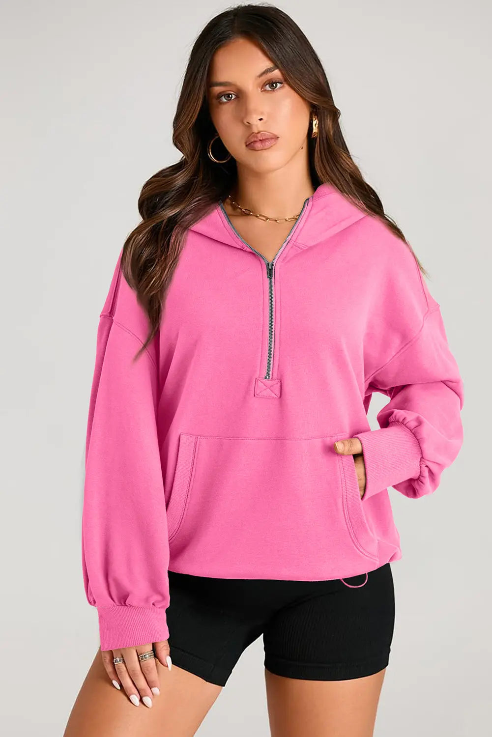 Light Grey Solid Kangaroo Pocket Half Zipper Oversized Hoodie Beagle Boutique Fashion Outlet