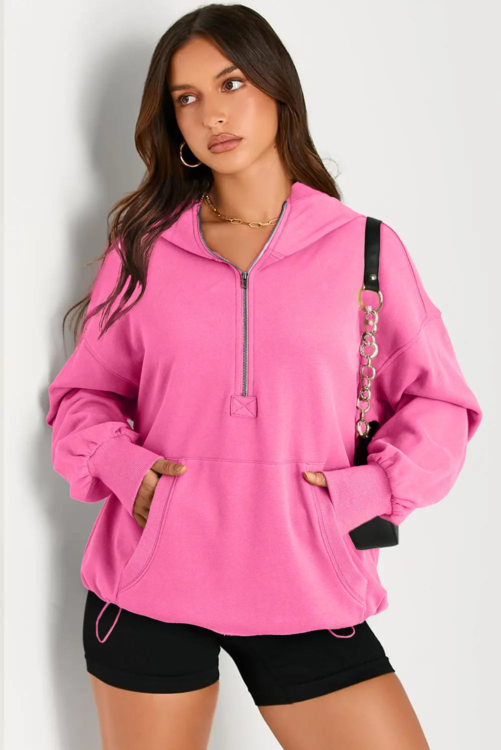 Light Grey Solid Kangaroo Pocket Half Zipper Oversized Hoodie Beagle Boutique Fashion Outlet