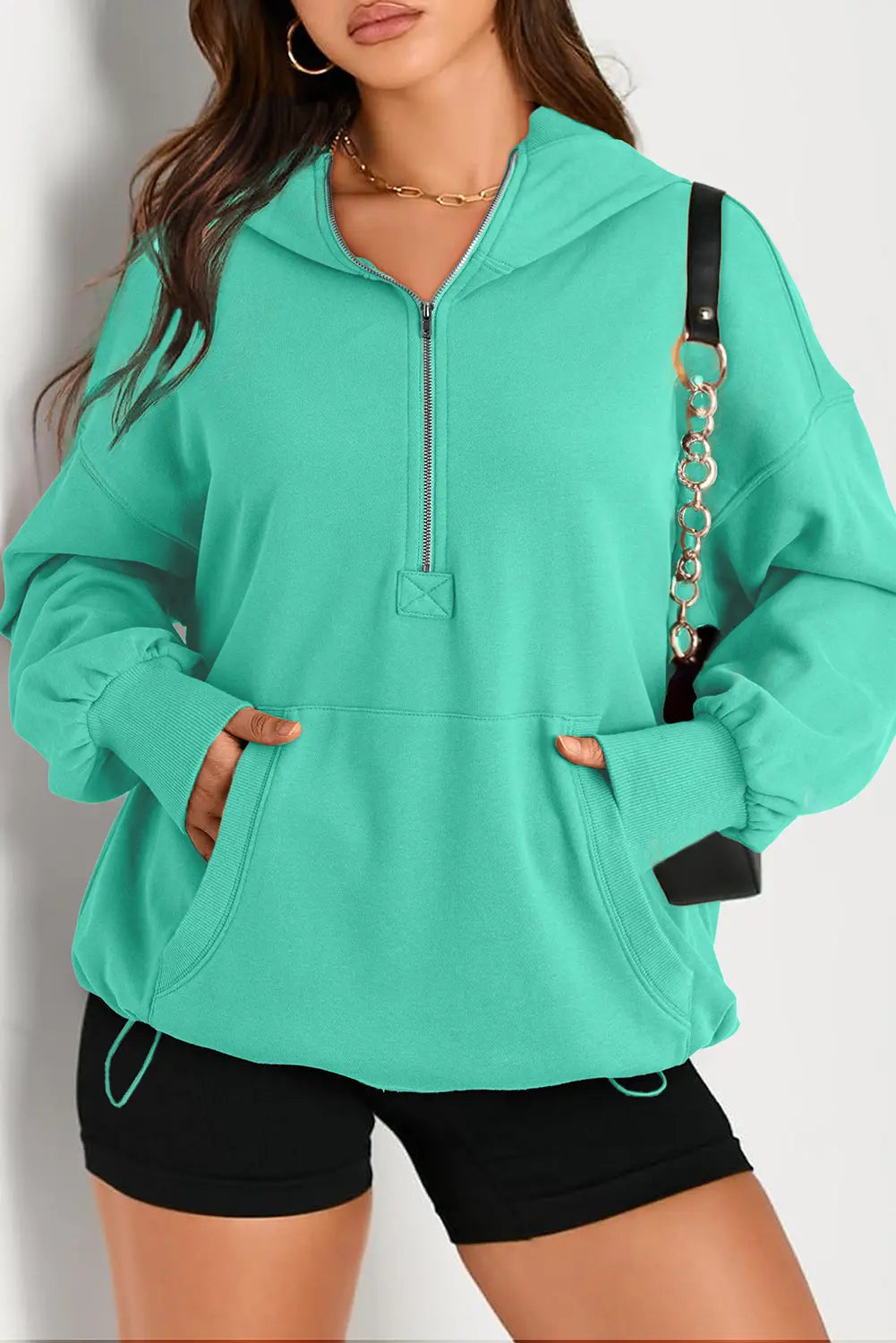 Light Grey Solid Kangaroo Pocket Half Zipper Oversized Hoodie Beagle Boutique Fashion Outlet