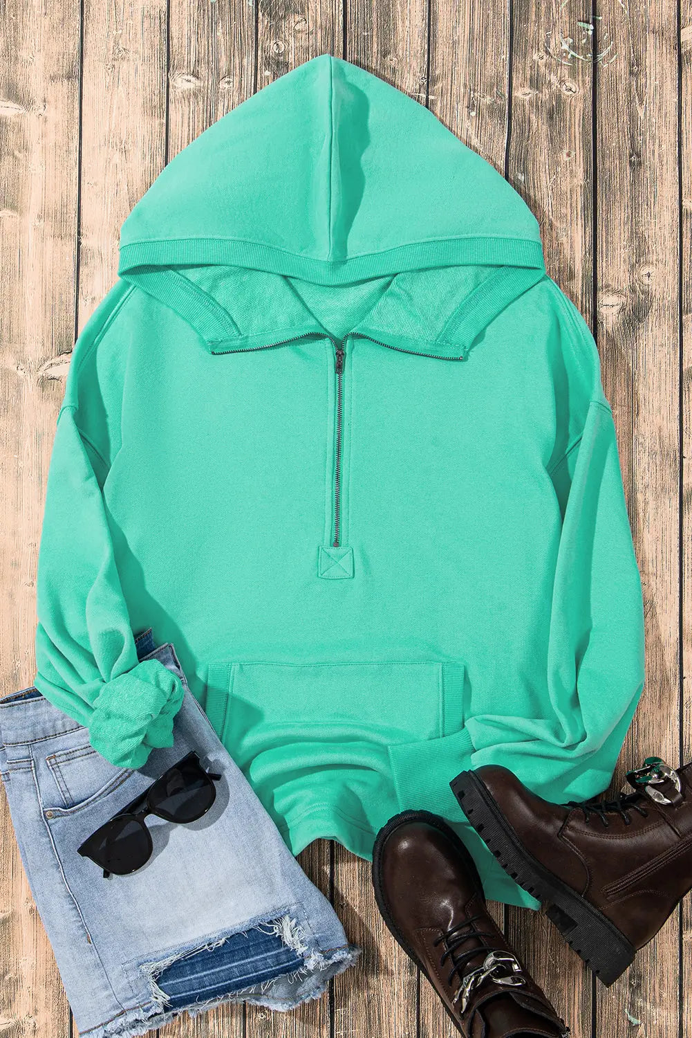 Light Grey Solid Kangaroo Pocket Half Zipper Oversized Hoodie Beagle Boutique Fashion Outlet