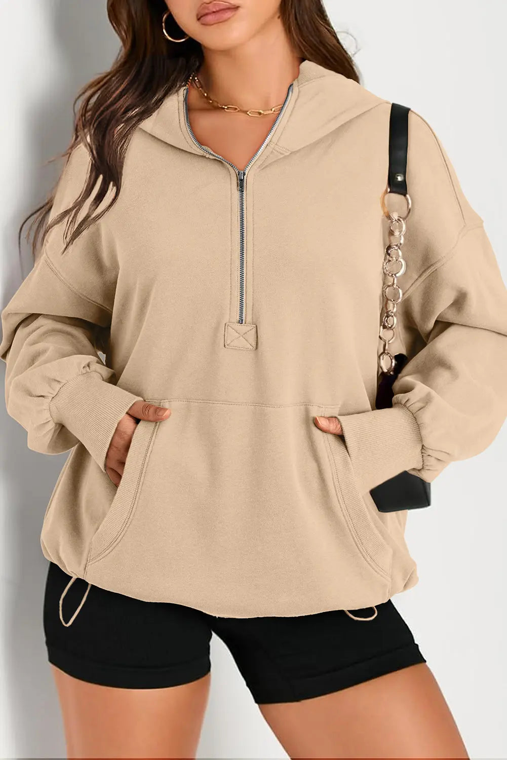 Light Grey Solid Kangaroo Pocket Half Zipper Oversized Hoodie Beagle Boutique Fashion Outlet