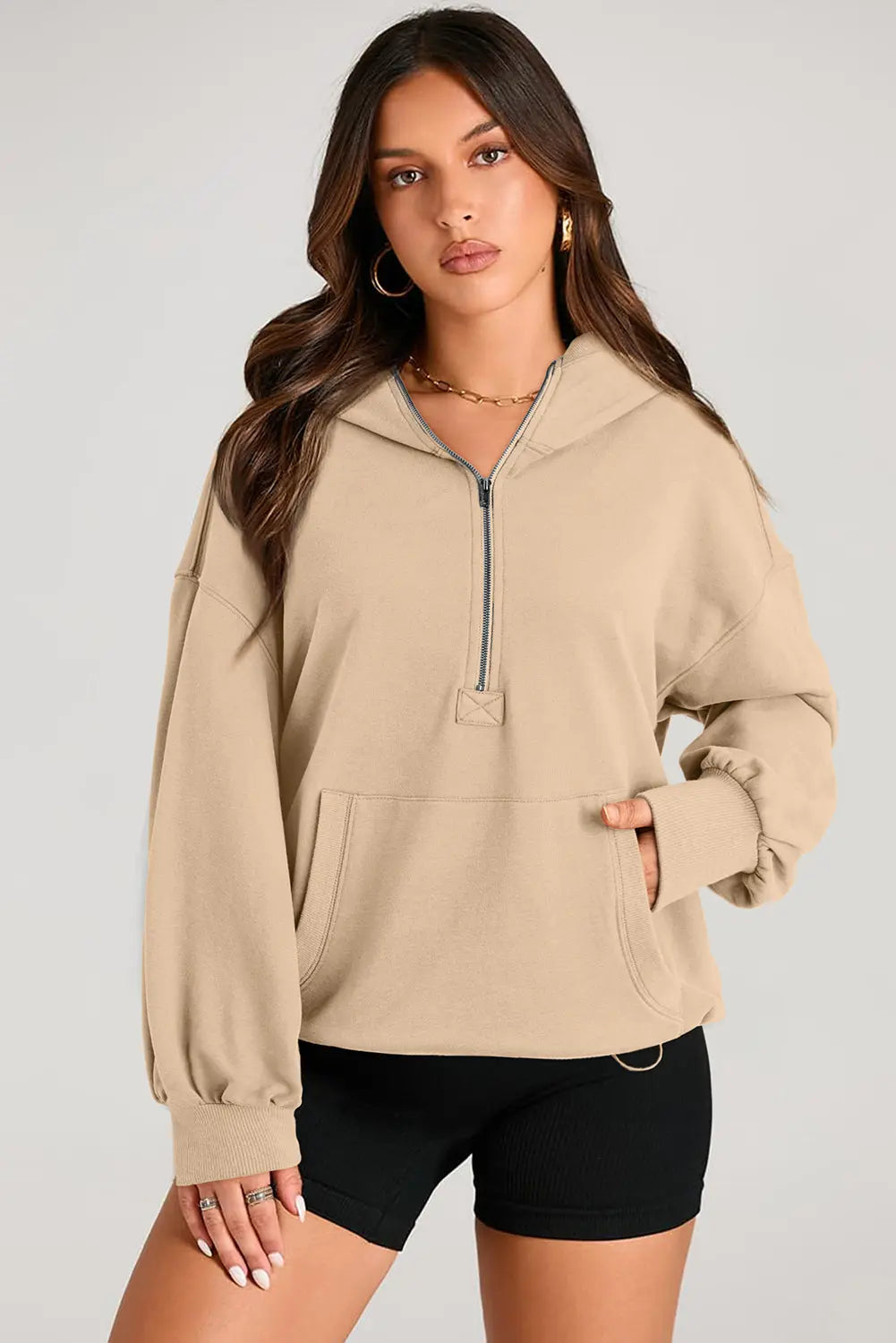 Light Grey Solid Kangaroo Pocket Half Zipper Oversized Hoodie Beagle Boutique Fashion Outlet