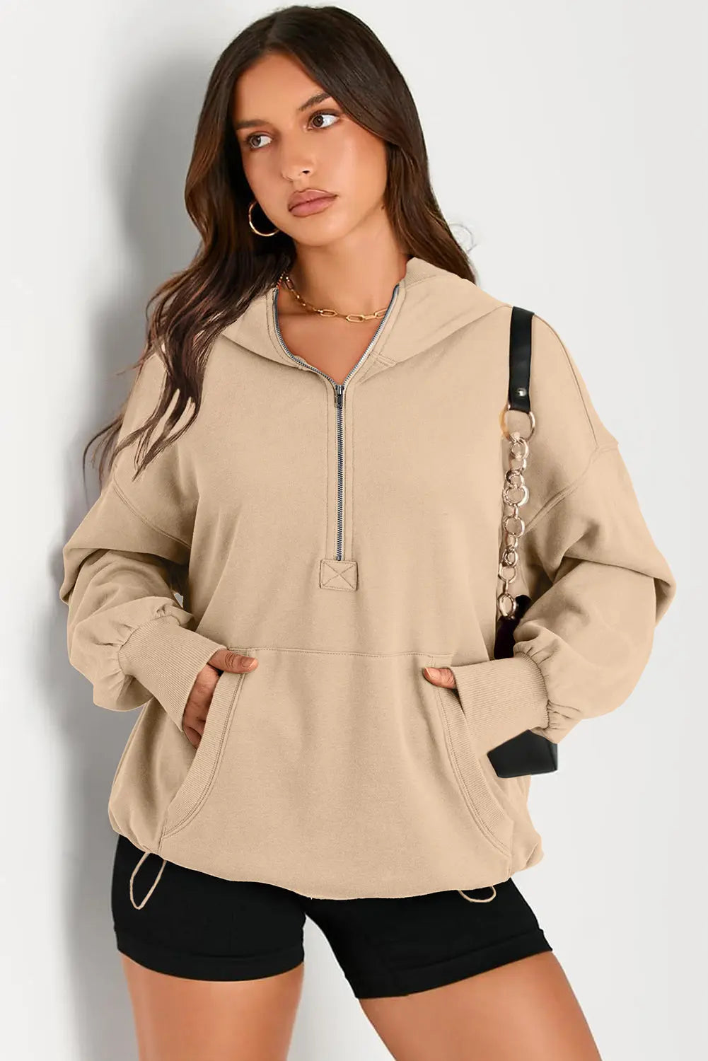 Light Grey Solid Kangaroo Pocket Half Zipper Oversized Hoodie Beagle Boutique Fashion Outlet
