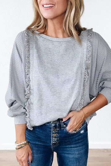 Light Grey Waffle Patchwork Long Sleeve Raw Hem Pullover Top Beagle Boutique Fashion Outlet