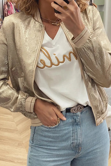 Metallic Zip up Baseball Jacket Beagle Boutique Fashion Outlet
