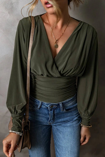 Moss Green Ruched Wrap V Neck Long Sleeve Bodysuit - BB Fashion Outlet