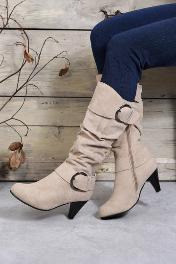 Navy Blue Dual Buckle Strap Side Zip Heeled Mid Calf Boots Beagle Boutique Fashion Outlet