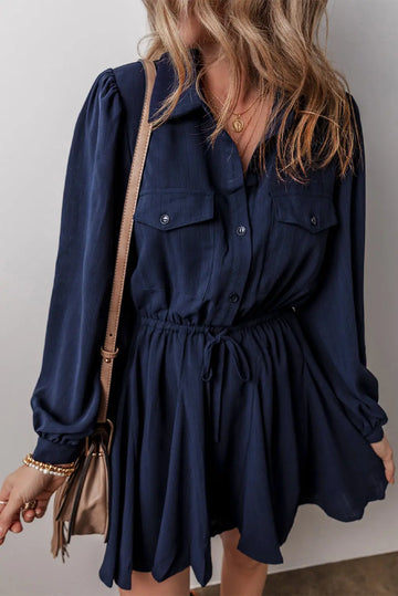 Navy Blue Solid Chest Pockets Tunic Shirt Mini Dress Beagle Boutique Fashion Outlet