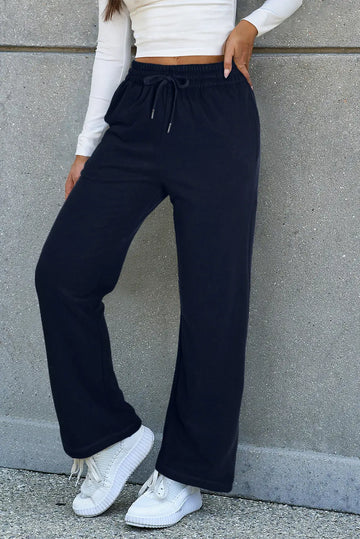 Navy Blue Solid Colour Fleece Lined Drawstring Waist Casual Trousers Beagle Boutique Fashion Outlet