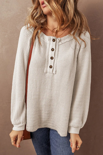 Oatmeal Waffle Knit Buttoned Front Raglan Sleeve Loose Blouse Beagle Boutique Fashion Outlet