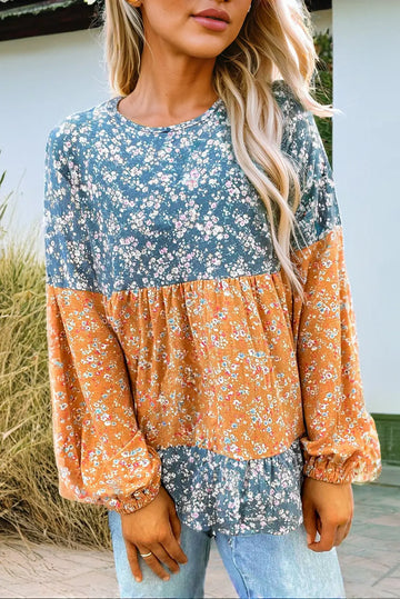 Orange Floral Colour Block Ruffled Hem Round Neck Blouse Beagle Boutique Fashion Outlet