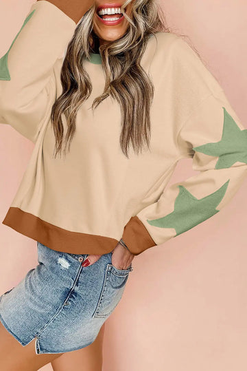 Parchment Star Patchwork Exposed Seam Oversized Sweatshirt Beagle Boutique Fashion Outlet