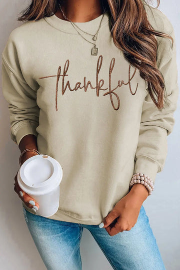 Parchment thankful Embroidered Drop Shoulder Pullover Sweatshirt Beagle Boutique Fashion Outlet