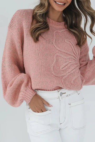 Peach Blossom Big Flower Accent Bubble Sleeve Drop Shoulder Sweater Dear-Lover Dropshipping