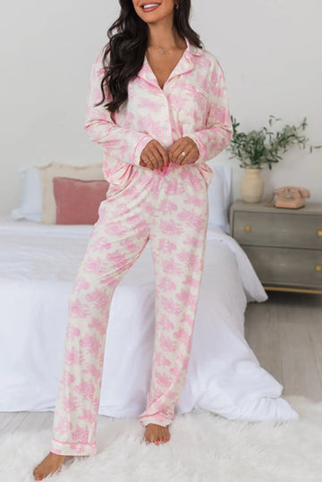 Pink Floral Long Sleeve and Trousers Pyjamas Set eAura