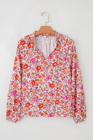 Pink Floral Print Tie Split Neck Bracelet Sleeve Blouse Dear-Lover Dropshipping