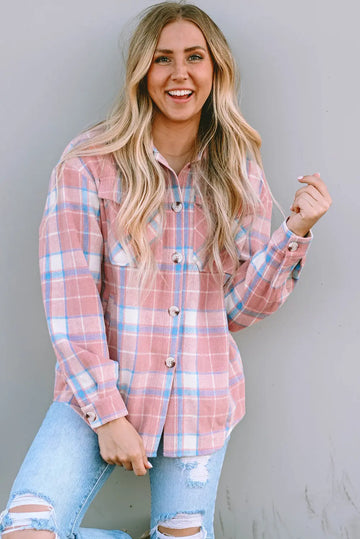 Pink Plaid Flap Pocket Flannel Shacket eAura