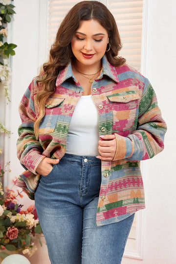 Pink Plus Size Aztec Printed Flap Pocket Shacket Beagle Boutique Fashion Outlet