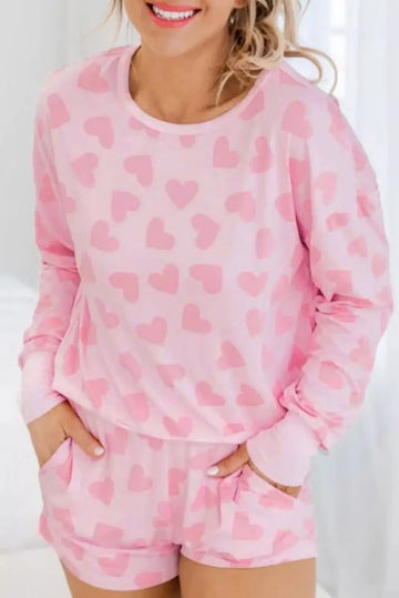 Pink Valentine Heart Shape Print Long Sleeve Top Shorts Lounge Set eAura