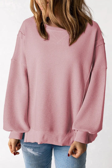 Pink Waffle Knit Bishop Sleeve Split Oversized Sweatshirt Beagle Boutique Fashion Outlet