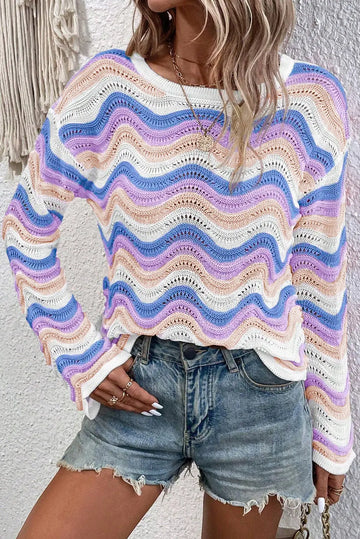 Purple Stripe Wavy Pointelle Knit Drop Shoulder Sweater Beagle Boutique Fashion Outlet