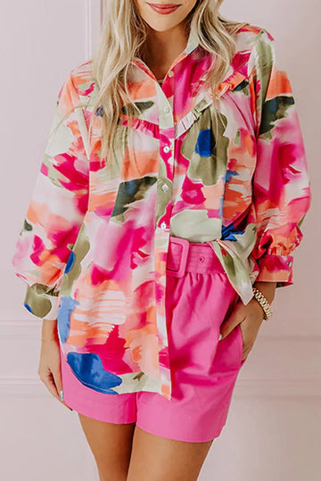 Rose Abstract Print Ruffled Puff Sleeve Shirt Beagle Boutique Fashion Outlet