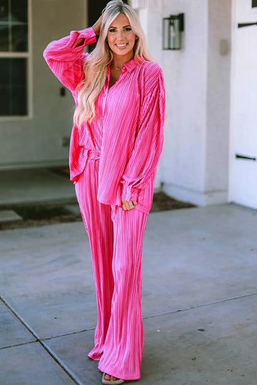 Rose Pleated Long Sleeve Shirt and Wide-Leg Trousers Set eAura