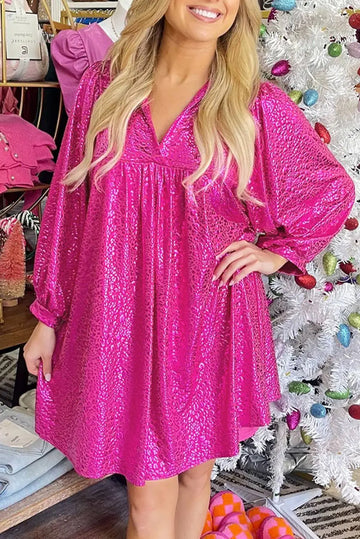 Rose Red Metallic Leopard Print Collared Babydoll Mini Dress - BB Fashion Outlet