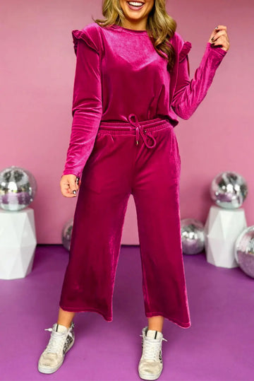 Rose Red Solid Velvet Ruffled Two Piece Trousers Set Beagle Boutique Fashion Outlet