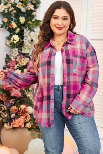 Rose Stripe Plus Size Checkered Print Button up Shirt - BB Fashion Outlet