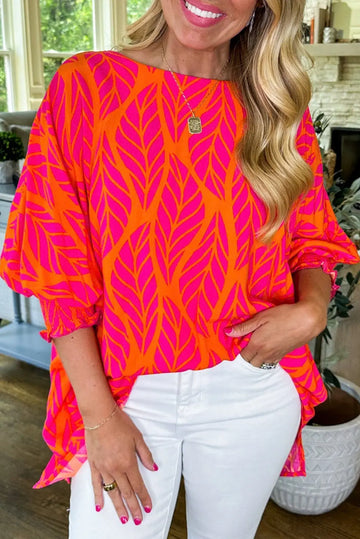 Rose Tropical Leaf Print Smocked Puff Sleeve Blouse Beagle Boutique Fashion Outlet