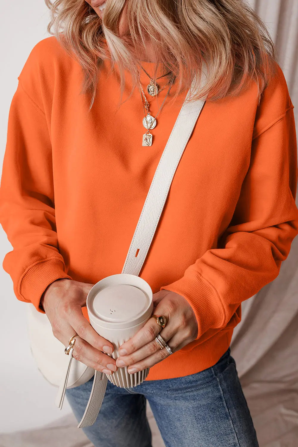 Russet Orange Solid Fleece Lined Drop Shoulder Terry Sweatshirt eAura