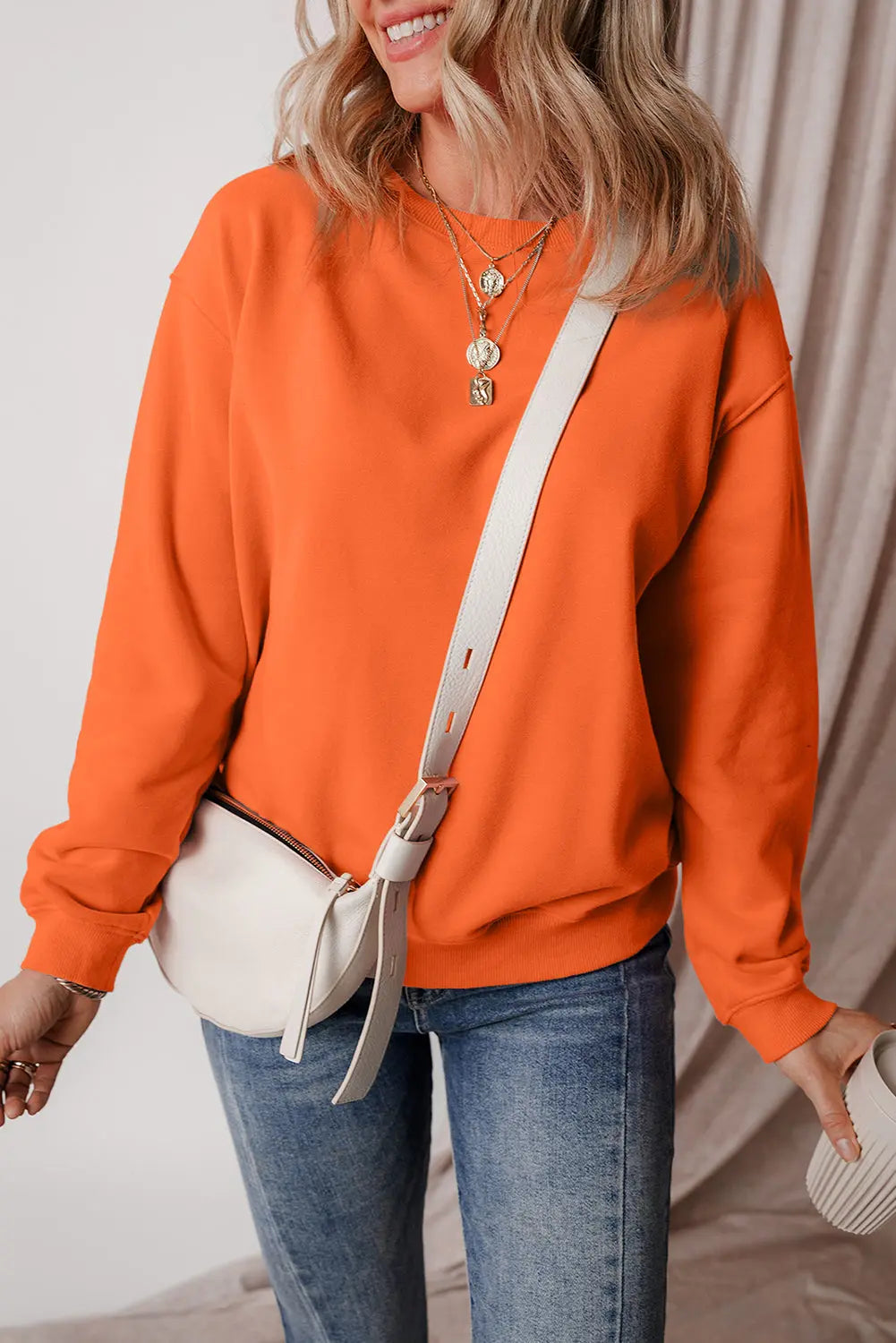 Russet Orange Solid Fleece Lined Drop Shoulder Terry Sweatshirt eAura