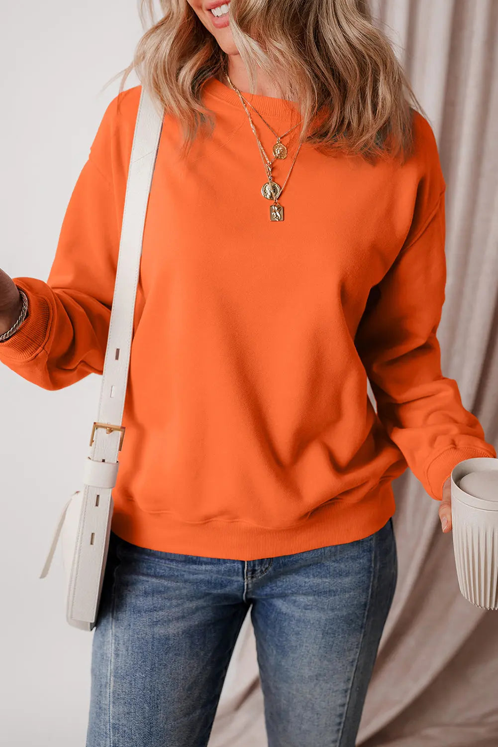 Russet Orange Solid Fleece Lined Drop Shoulder Terry Sweatshirt eAura