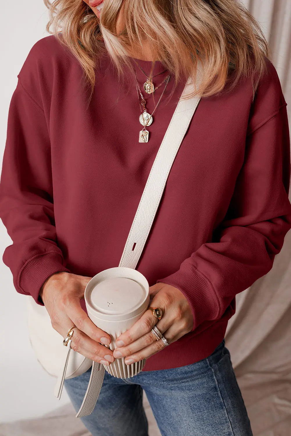 Russet Orange Solid Fleece Lined Drop Shoulder Terry Sweatshirt eAura