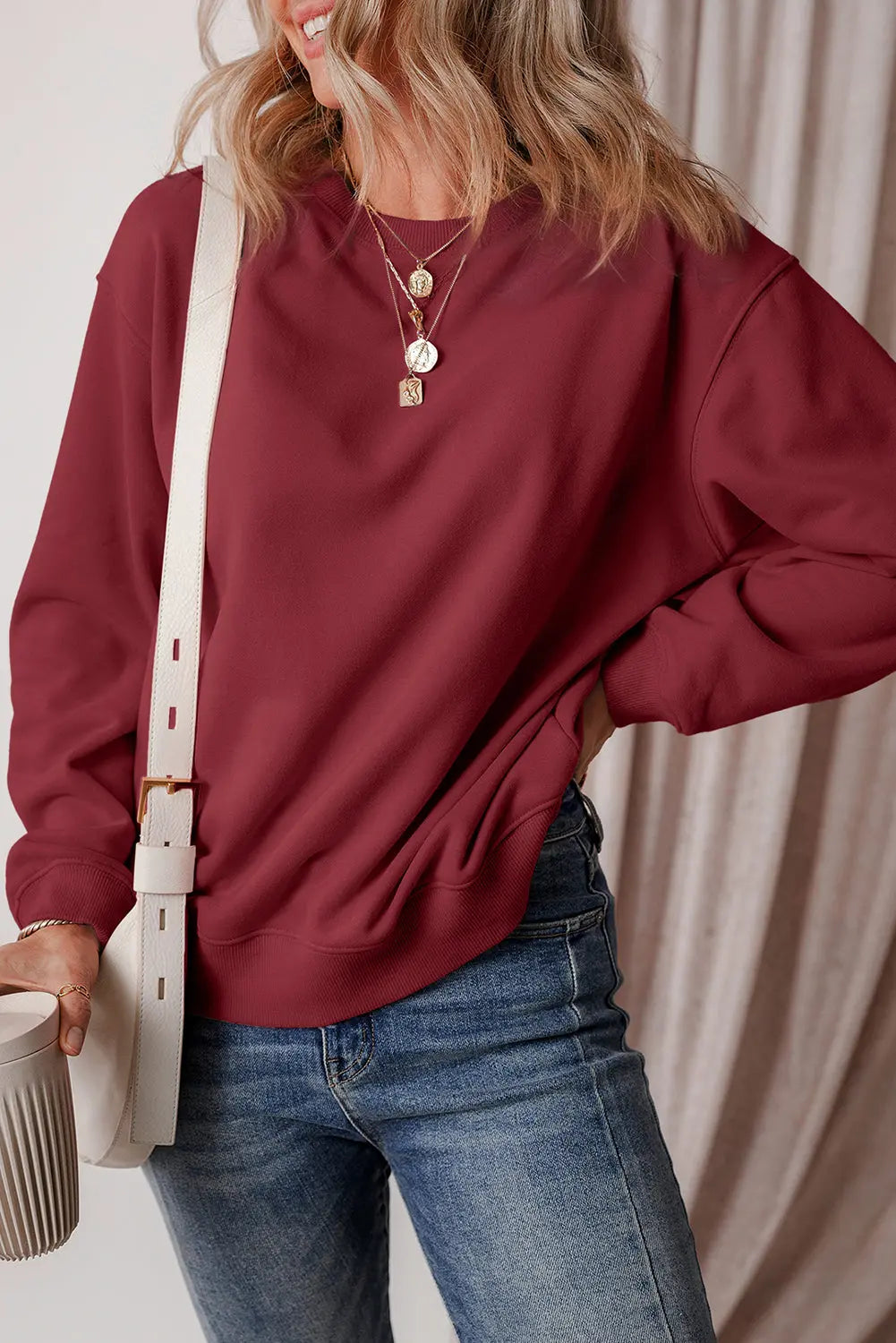 Russet Orange Solid Fleece Lined Drop Shoulder Terry Sweatshirt eAura