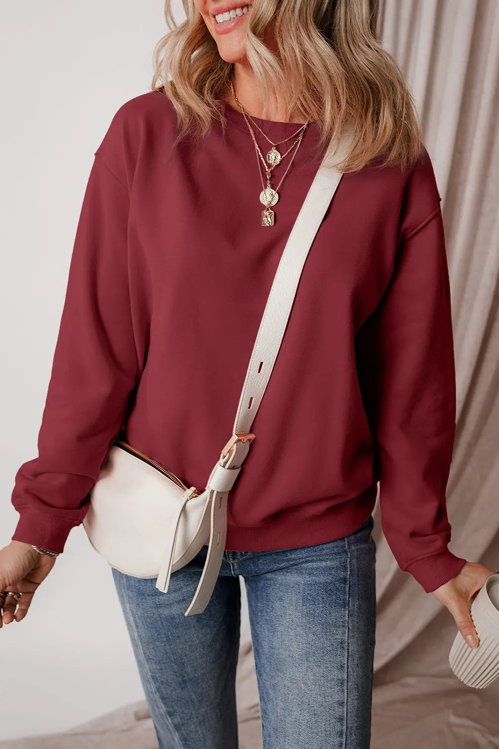 Russet Orange Solid Fleece Lined Drop Shoulder Terry Sweatshirt eAura