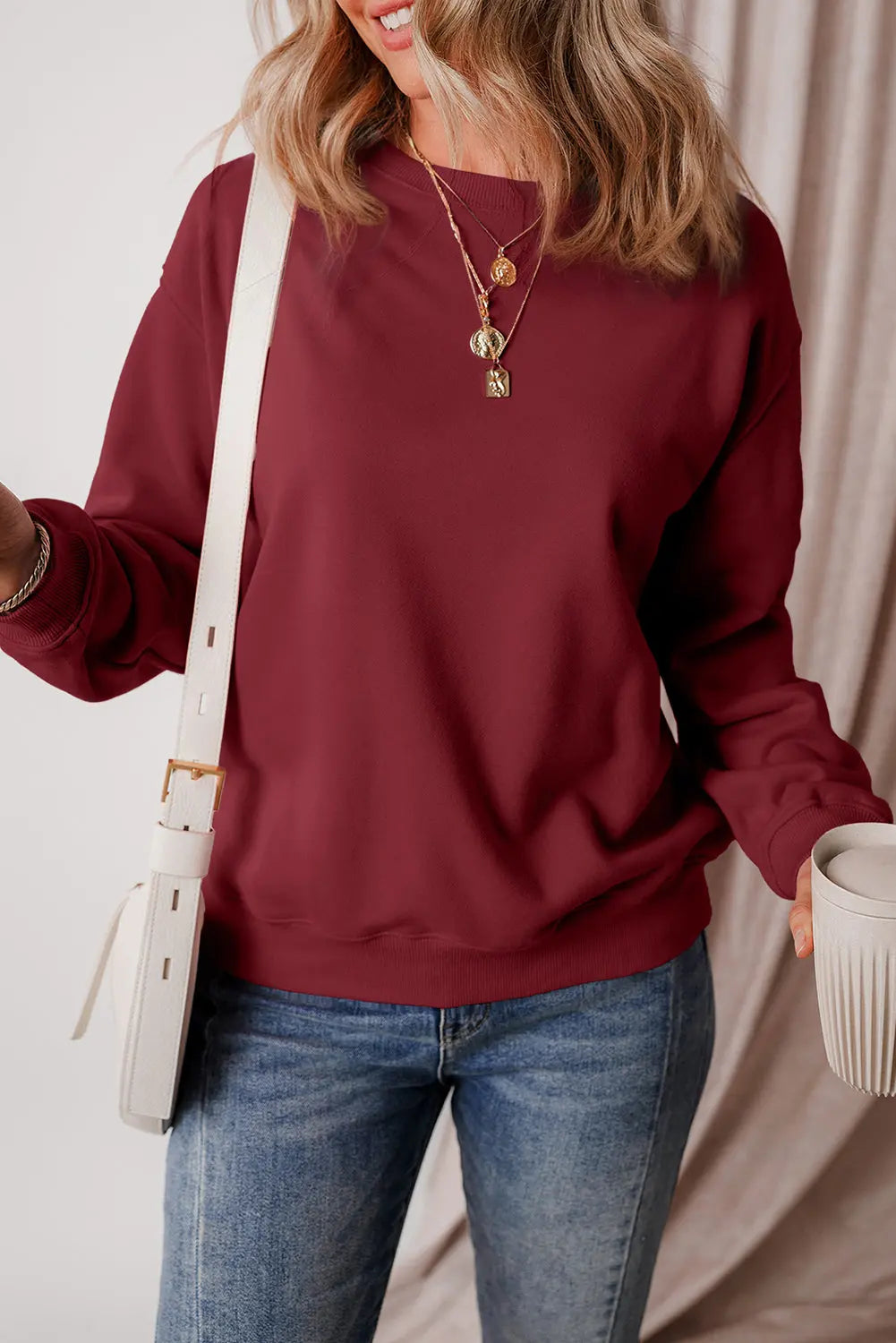 Russet Orange Solid Fleece Lined Drop Shoulder Terry Sweatshirt eAura